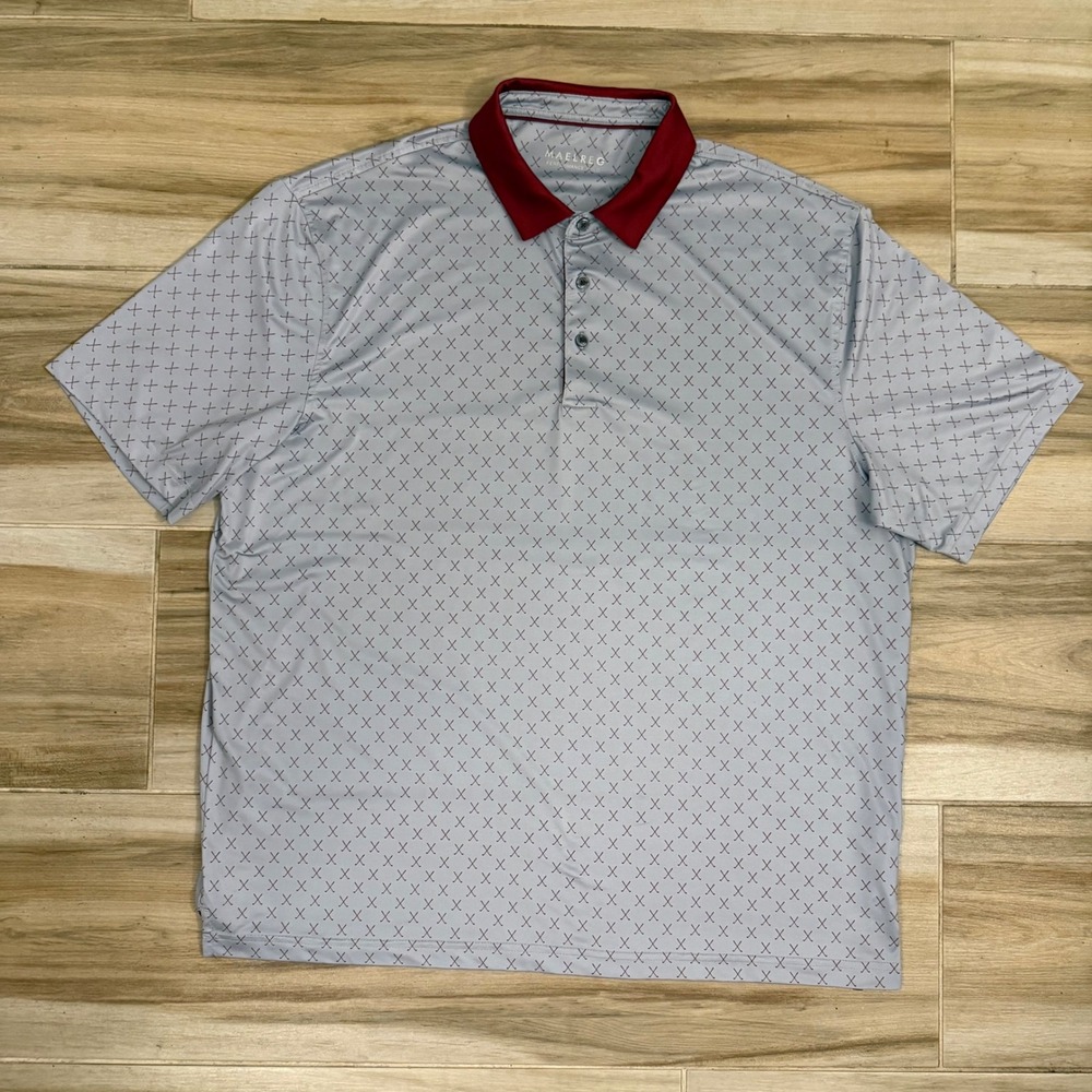 MAELREG Mens Performance Golf Polo Shirt Light Blue Burgundy Golf Club Print XL